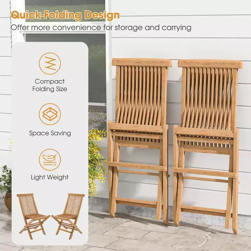 Costway 3PCS Patio Bistro Set Square Table Indonesia Teak Wood Folding Chair Slatted Tabletop Seat