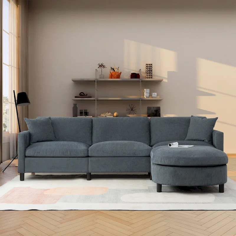 Grey 107.87 Removable Cushion 4 Seater Sectional Sofa with Movable Ottoman, Storage Armrest Bag