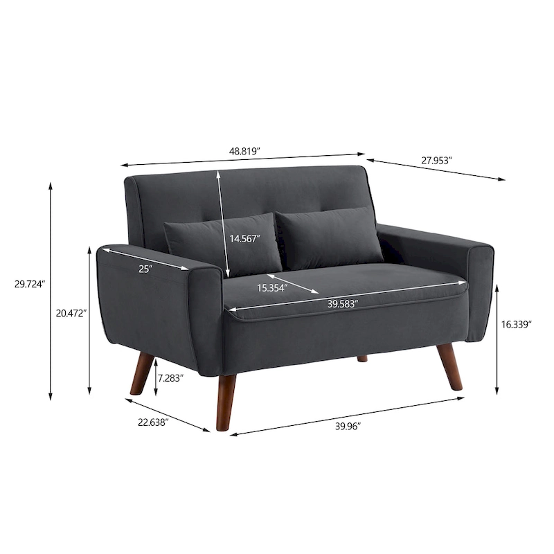 48.82 Small Tufted Loveseat Sofa with 2 Pillows and Tapered Wood Legs