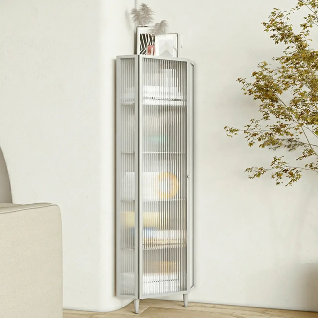 Modern Iron White Fluted Glass Storage Corner Cabinet