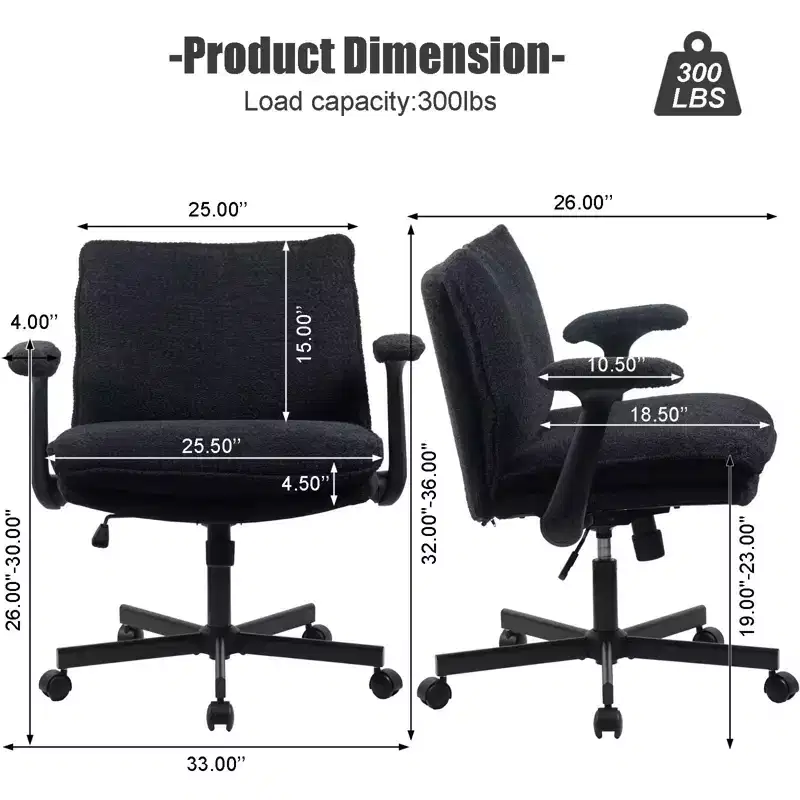 Criss-Cross Frame Desk Chair: Fold-Down Arms, Wide Upholstered Seat, Rolling Casters for Home Office & Vanity