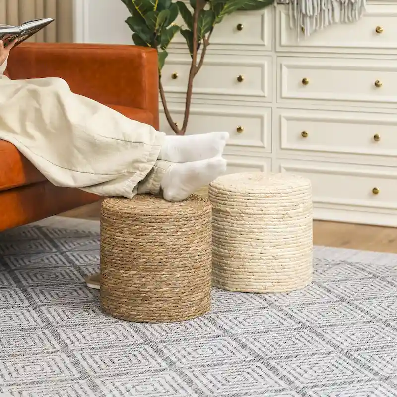 Adeco Set of 2 Foot Stool Natural Cattail Hand Weave Poufs Ottoman