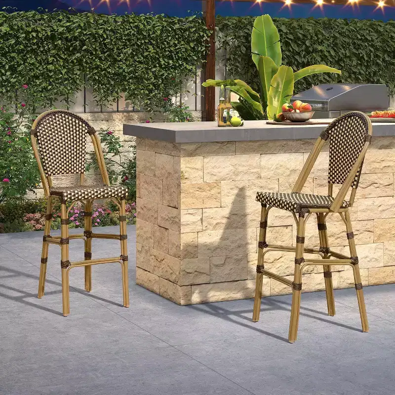 PURPLE LEAF French Bar Stool Set of 2 Patio Bar Stools with Back Rattan Chairs Wicker Bar Stool with Footrest Kitchen Island Stools Outdoor Barstool