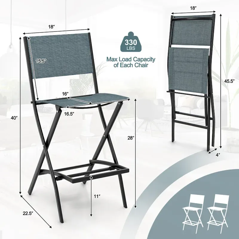 Folding Bar Stools Set of 2 Patio Sling Chairs w/ Backrest
