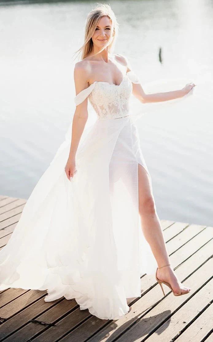 Two Piece Off-the-shoulder Lace Wedding Dress With Cross Back And Split Front