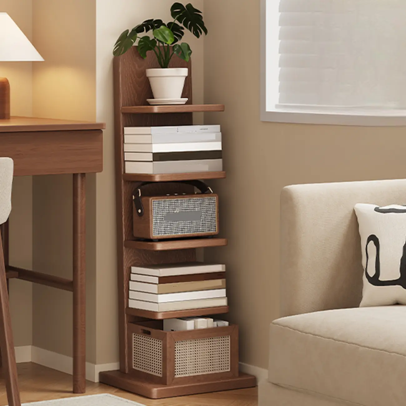 Narrow Wooden Multi-Shelf Closed Back Ladder Bookshelf