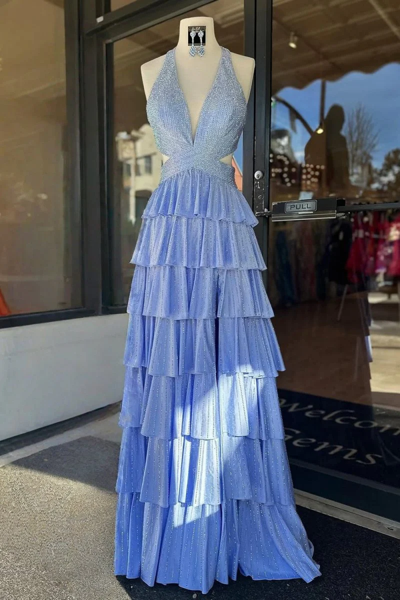 Sky Blue - A-Line V Neck Satin Beaded Long Prom Dresses With Ruffles