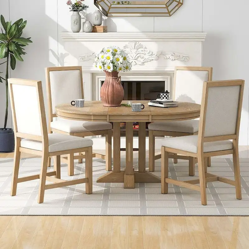 Wooden Round Drop Leaf Extendable Dining Table Set with 4 Upholstered Chairs