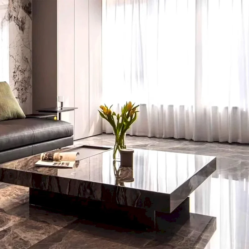 Modern 42 Faux Marble Square Coffee TableGlossy Sintered Stone Tabletop