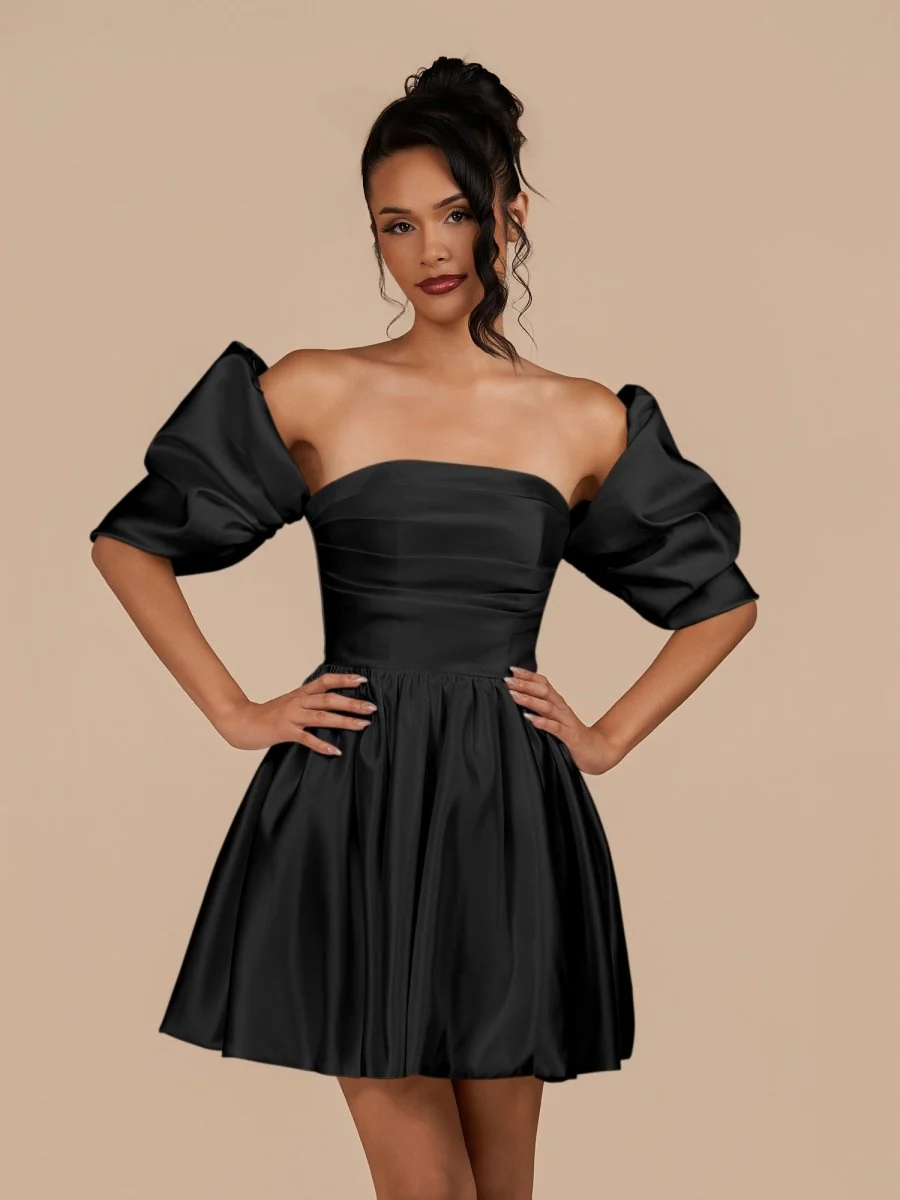 Black - A Line Satin Strapless Puffed Sleeves Short Homecoming Dresses