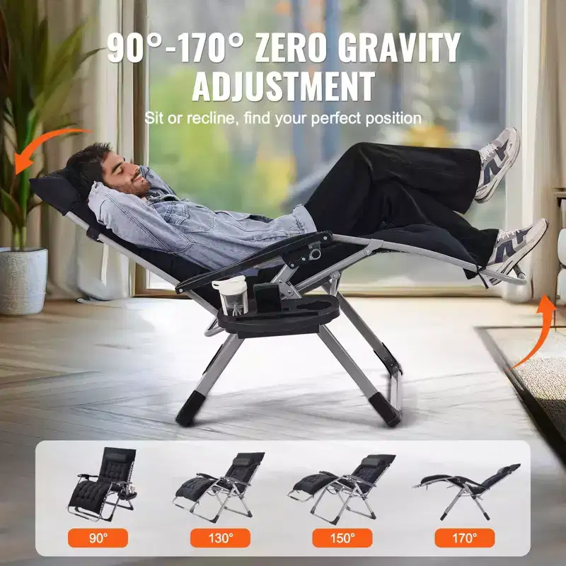 33 in Zero Gravity Recliner Chair Folding Lounge with Cushion Tray Cup Holder 500 lbs Black