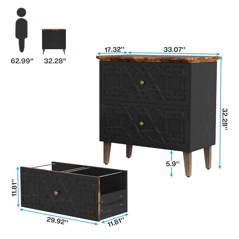 Black 2-Drawer Lateral Filing Cabinet, Fits A4/Letter/Legal Files