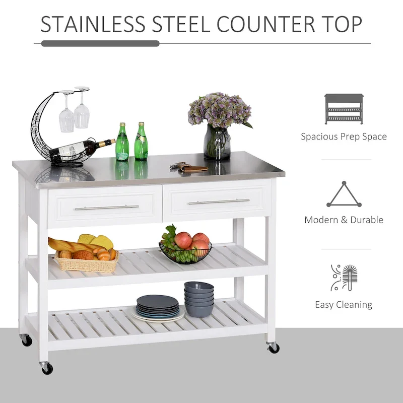 Rolling Kitchen Cart - White - Stainless Steel Top - 3-Tier Storage