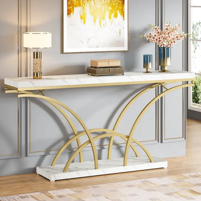 70.9 Long Console Table with White Faux Marble Top & Gold Metal Legs - Modern Entryway Sofa Table for Living Room Hallway