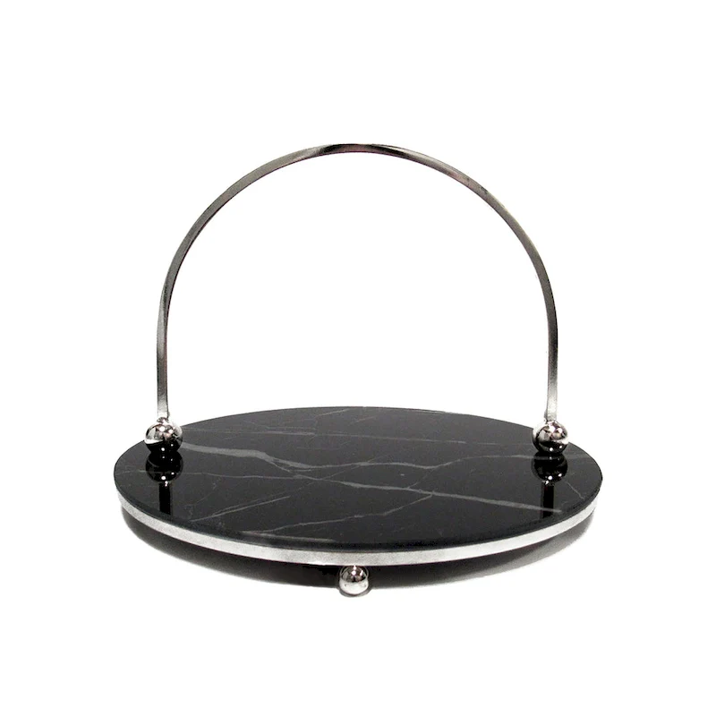 Round Marble Look Glass Decorative Tray Serving Platter with Silver Handles