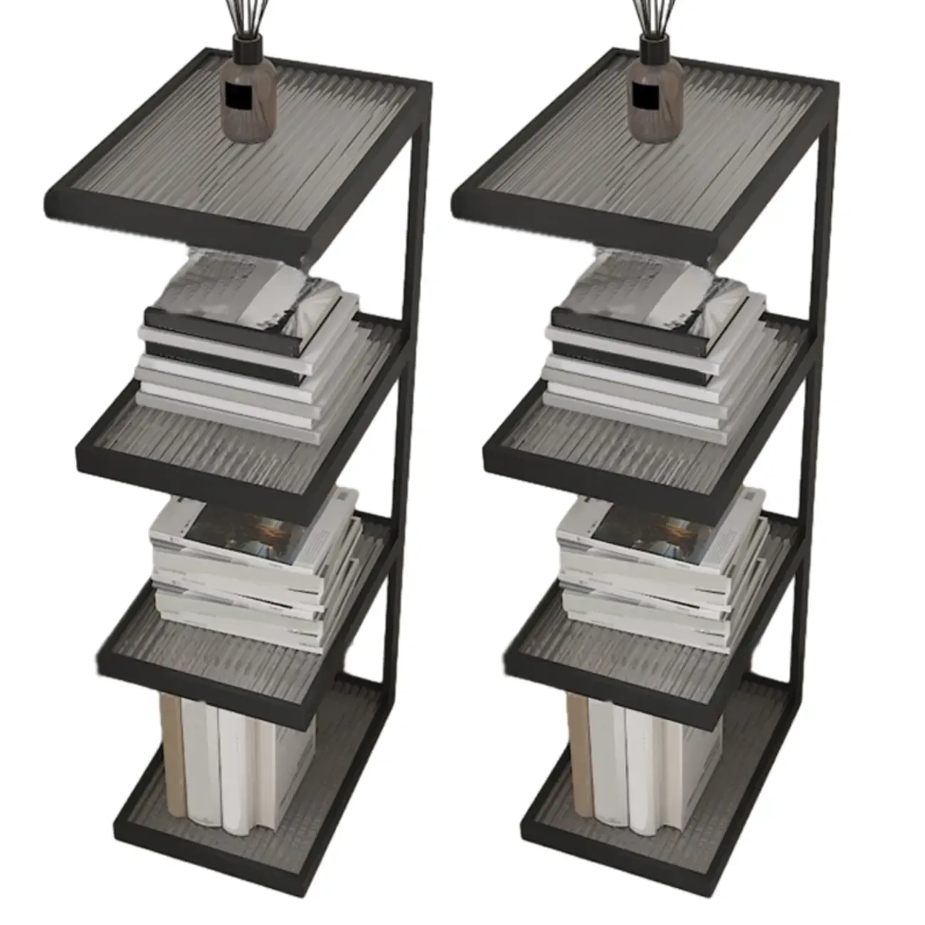 Extra Tall Simple Glass Top and Steel 3 Shelves Nightstand