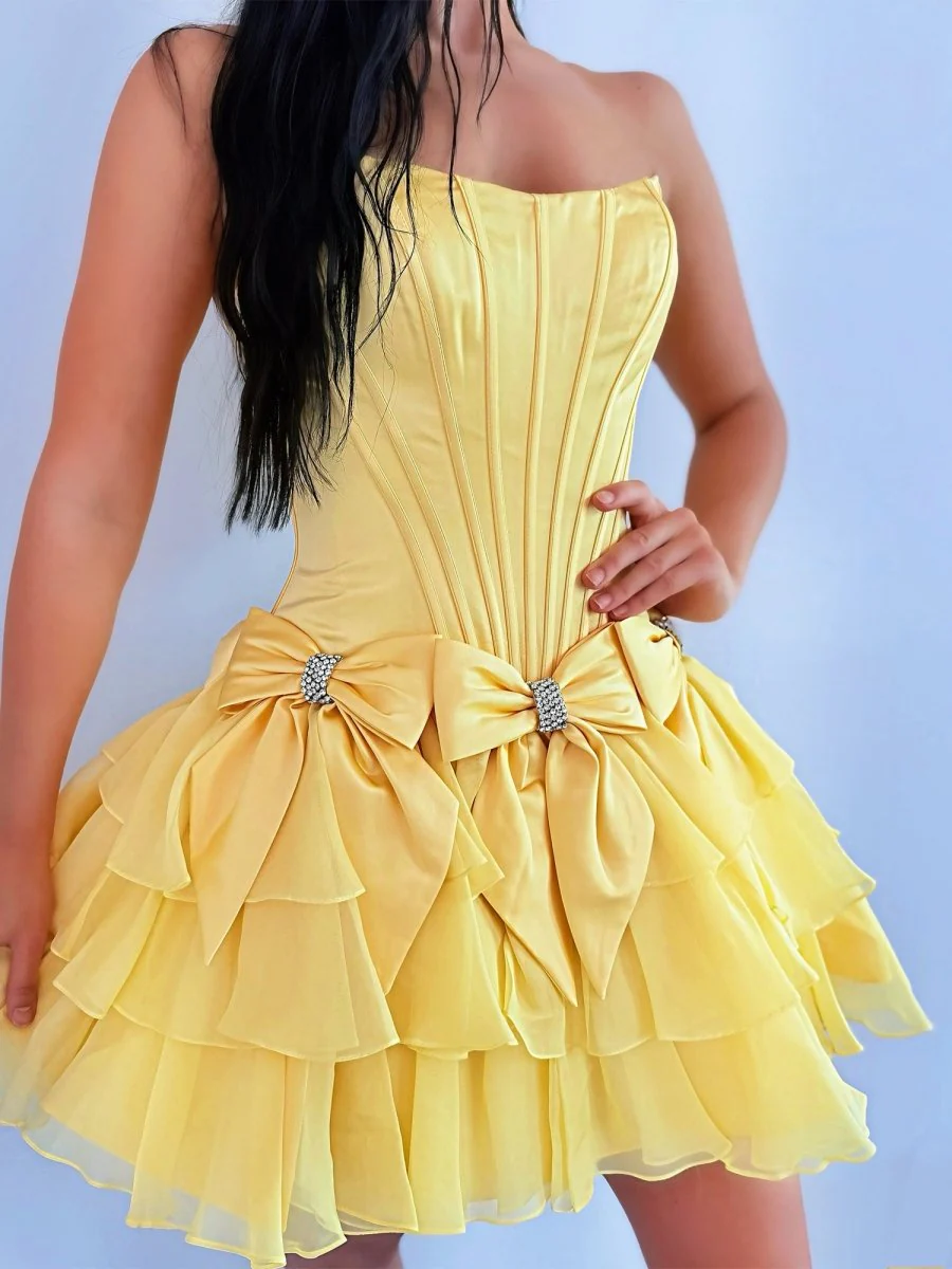 Yellow - A Line Scoop Neck Ruffles Corset Homecoming Dresses with Bows