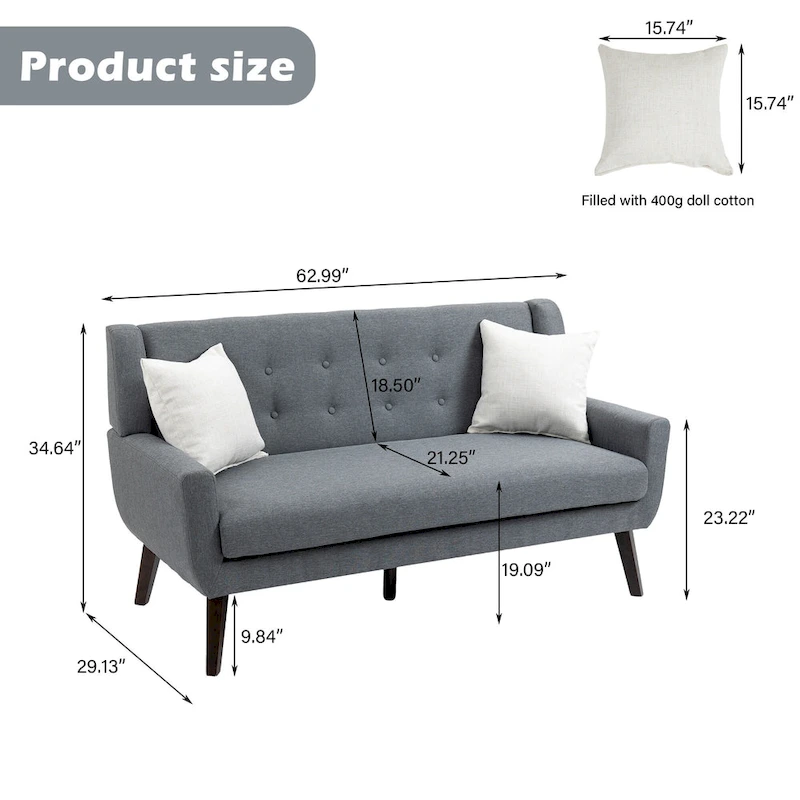 Modern Curved 63  Button Tufted Upholstered Loveseat with 2 Pillows