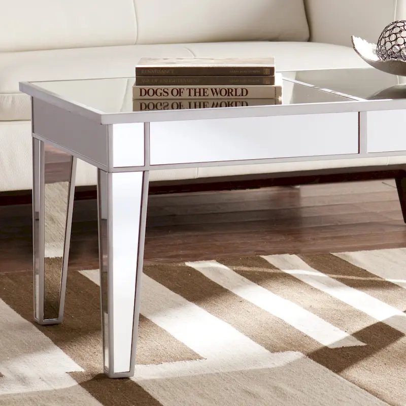 Silver Mirrored Rectangle Coffee Table with Metallic Trim - Single Use