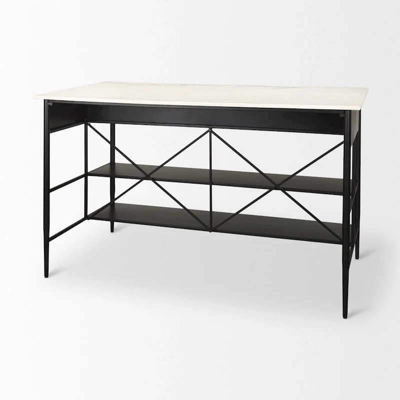 White Marble Kitchen Island with Black Metal Frame - 3 Drawers