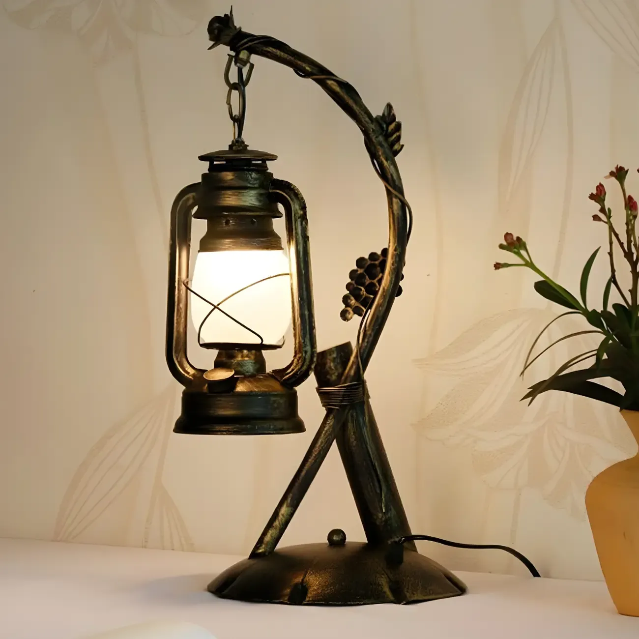HomeyFad Industrial Rustic bronze Metal Lantern Table Lamp in Brass