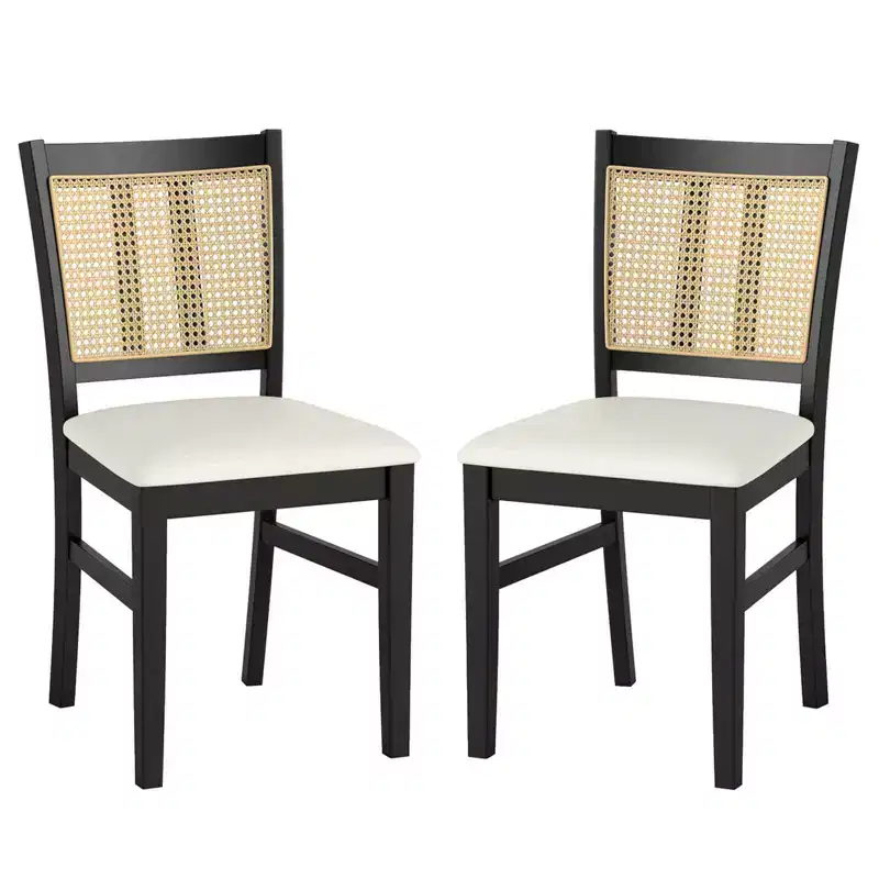 Costway Farmhouse Rattan Dining Chair Set of 2/4 Fabric Upholstered Kitchen Chairs
