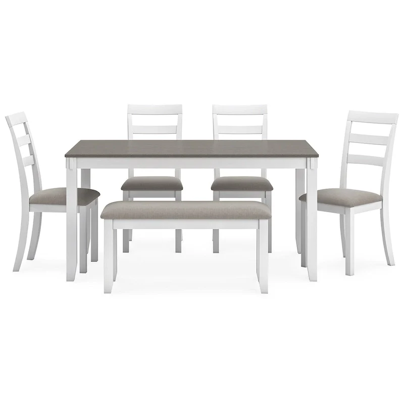 Stonehollow White and Gray Dining Table and Chairs with Bench (Set of 6)