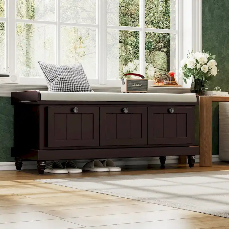 Classic Fluted Shoe Bench with Cushion & 3 Drawers