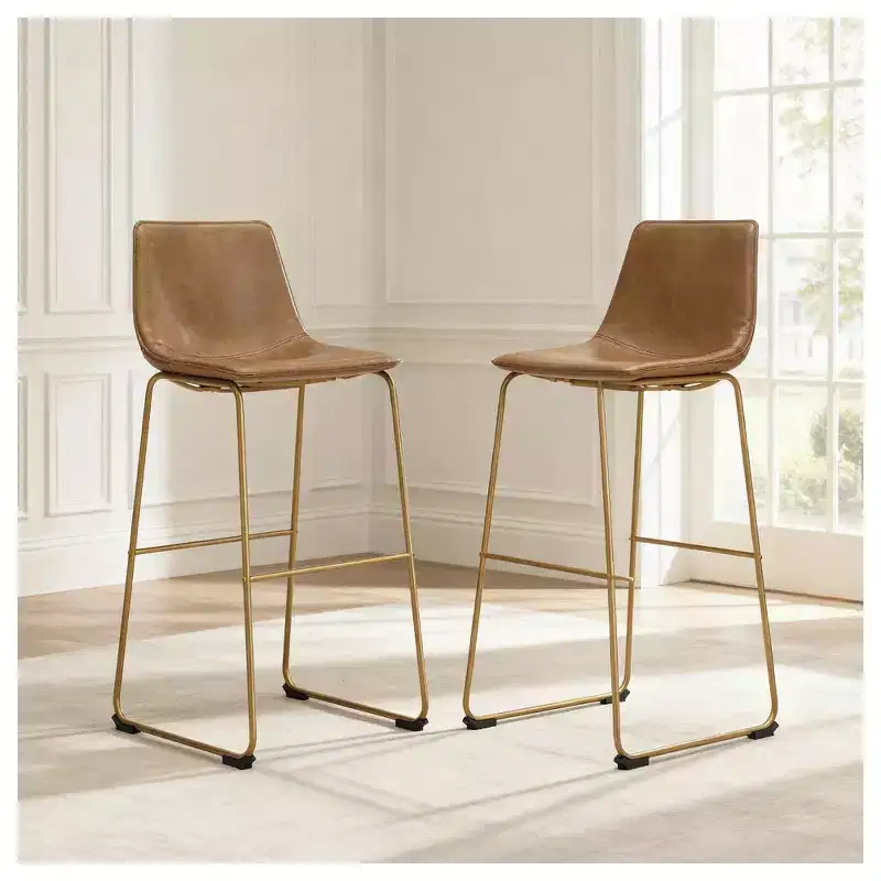 Signature Design by Ashley Lexadine Bar Height Upholstered Barstools, Set of 2, Toast Faux Leather with Goldtone Metal Frame
