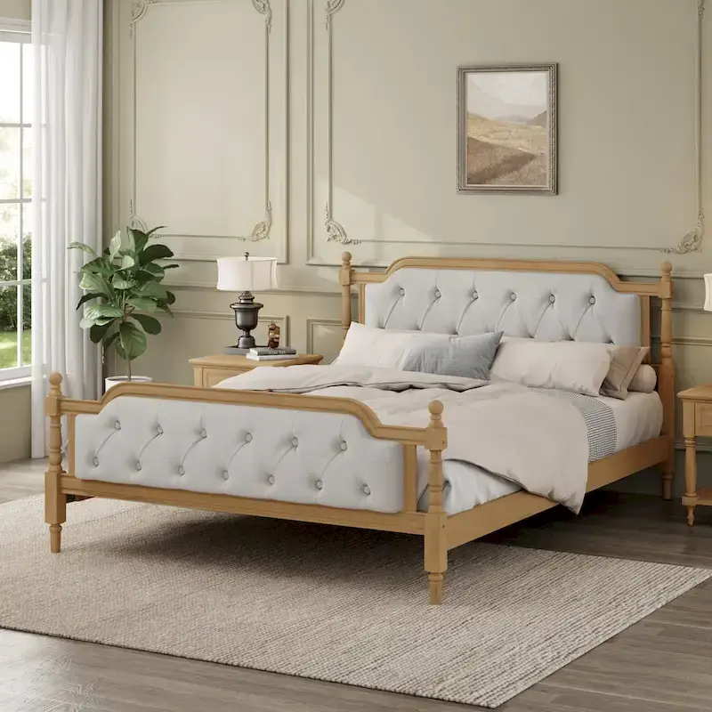 Queen Size Wood Platform Bed Frame with Tufted Headboard with Elegant Handcrafted Design, Sturdy Wooden Slats