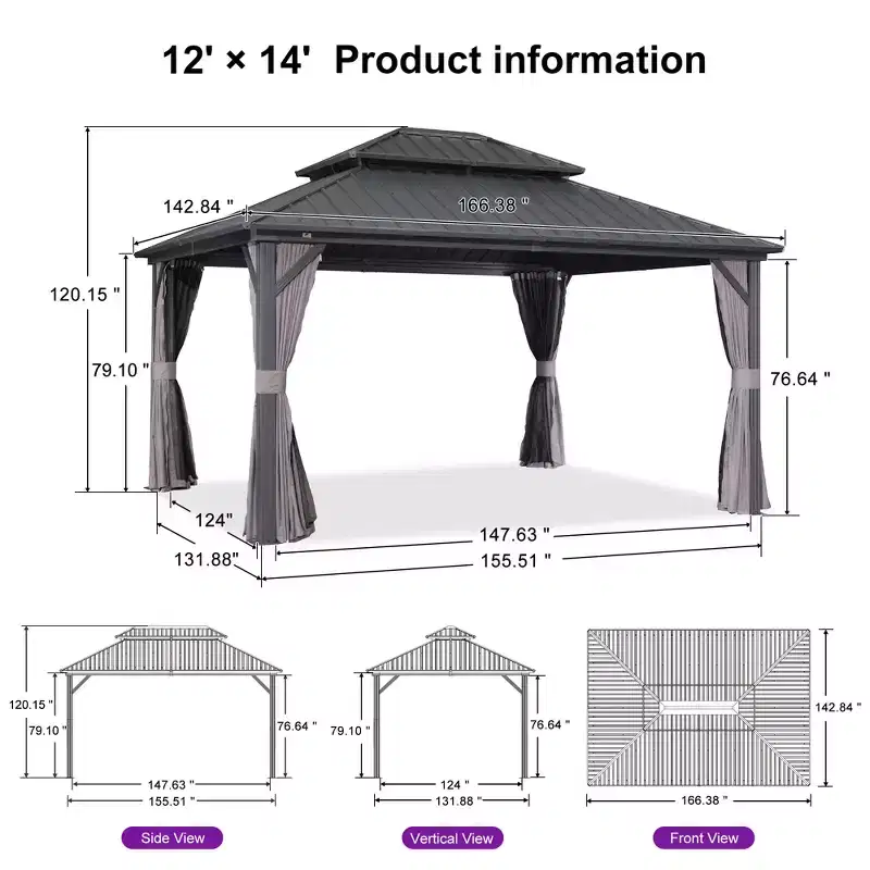 PURPLE LEAF 12' x 14' Permanent Hardtop Gazebo Aluminum Frame Gazebo with Galvanized Steel Double Roof, Netting & Curtains included - Grey