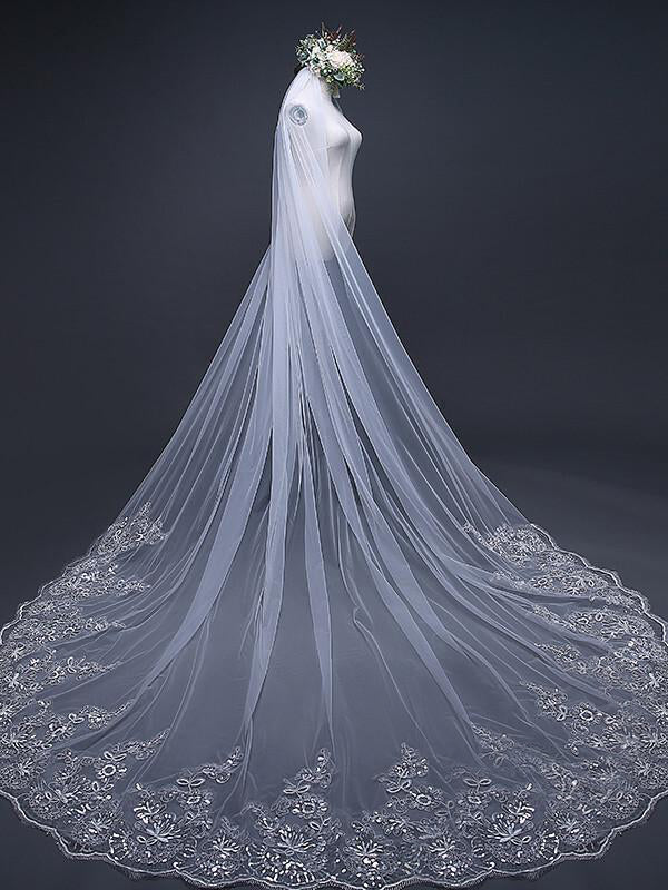 One Tier Cathedral Wedding Veils with Lace Applique
