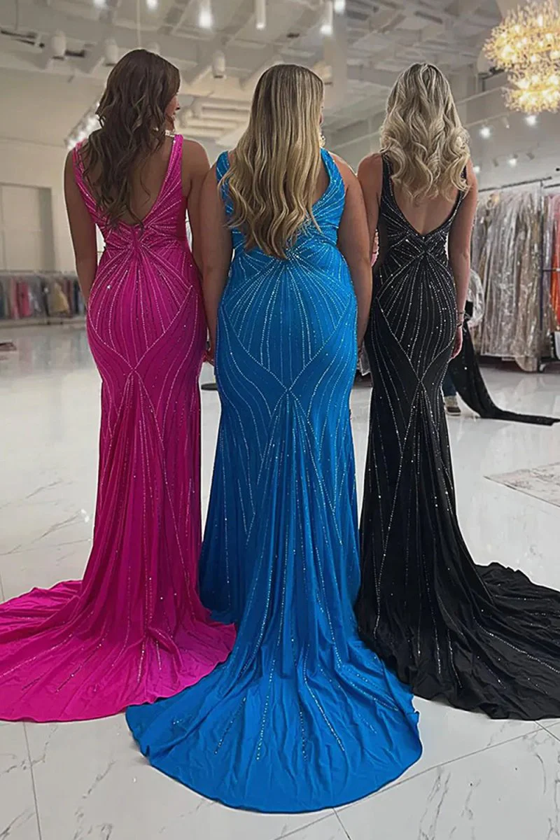 Black V Neck Mermaid Satin Long Prom Dresses With Beading
