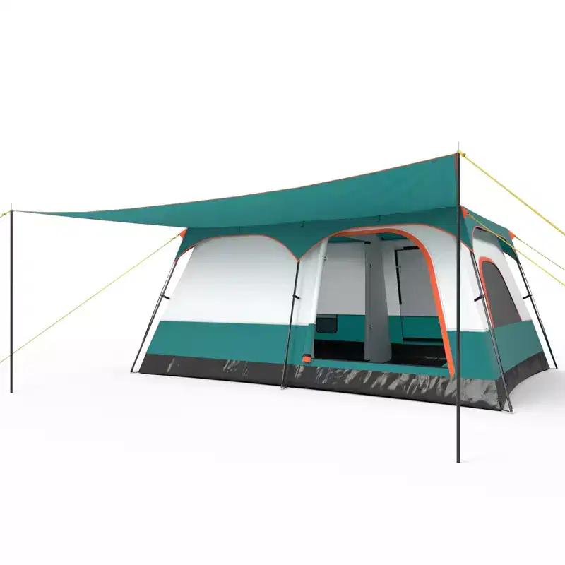 Gymax 8/10-Person Family Camping Tent with Porch Spacious Cabin Style Featuring 2 Separate Rooms and 2 Entryways Blue/Green