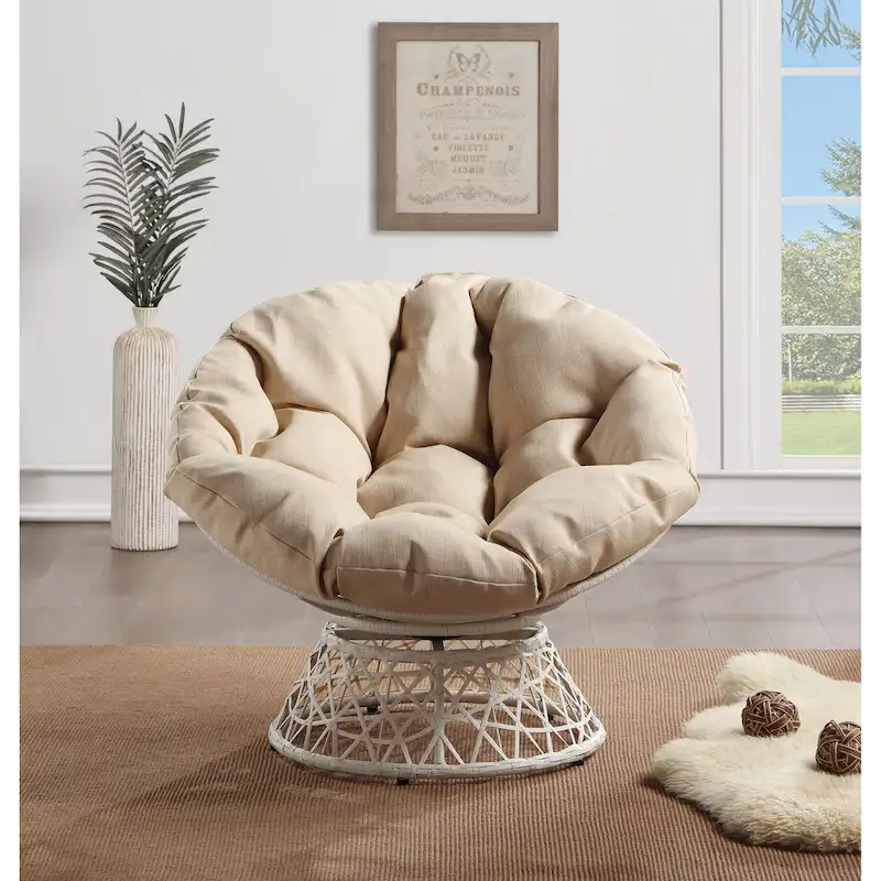 Papasan Chair with Round Pillow Cushion and Cream Wicker Weave