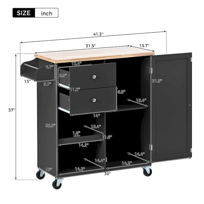 41.3 in. Rolling Kitchen Island with Spice Rack and Two Drawers