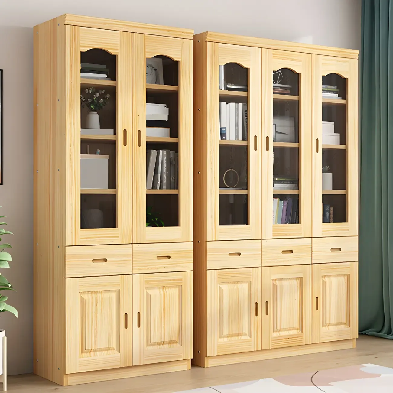 Antique Wood 5-Tier Glass Door Storage Bookcase