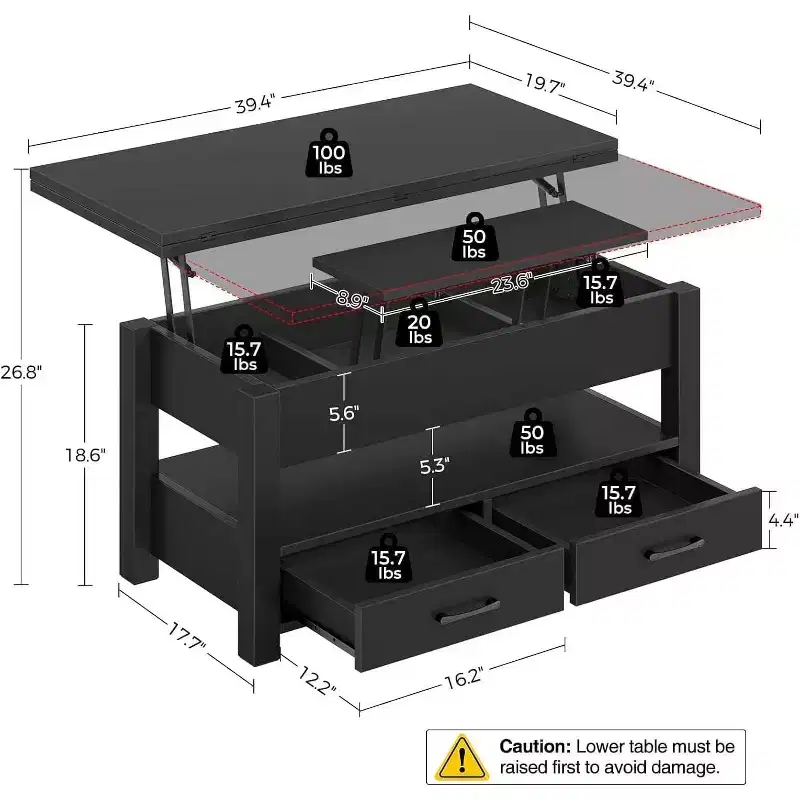 Split Lift Top Coffee Table, Large Coffee Table with Hidden Compartment, Storage Coffee Table for Living Room, Modern Design