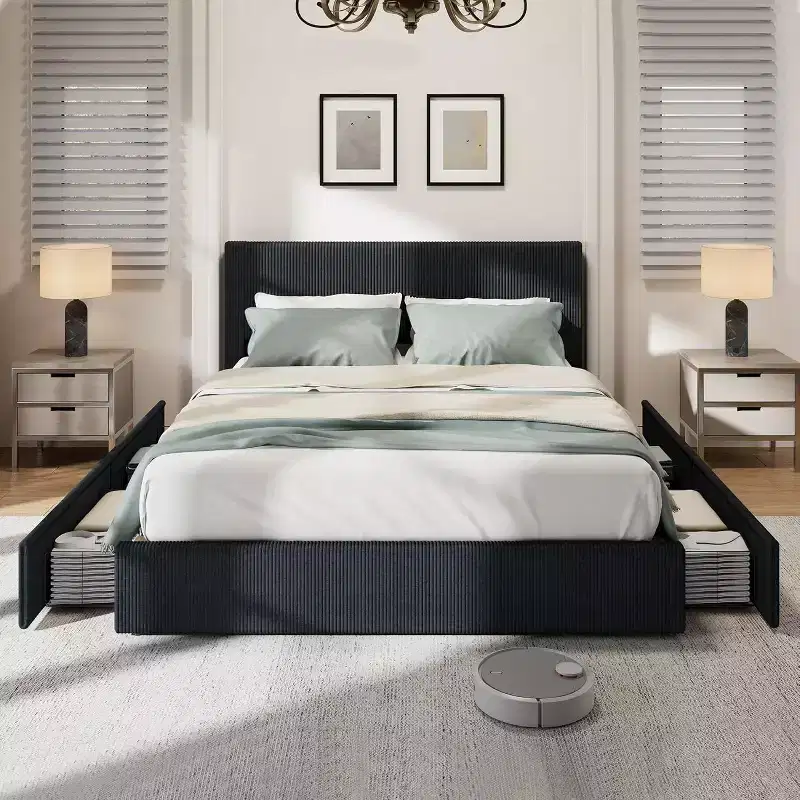 Black / Brown / Off White Corduroy Wingback Bed Frame with 4 Storage Drawers – Full, 2-Person