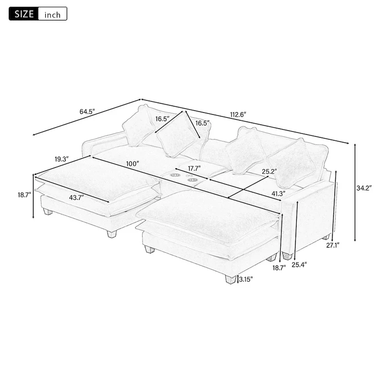 Sectional Sofa with Removable Ottomans, USB Ports, Cup Holders and Storage