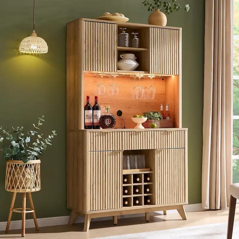 72 Wine Bar Cabinet, Modern Wood Coffee Bar Cabinet with LED Lights - N/A