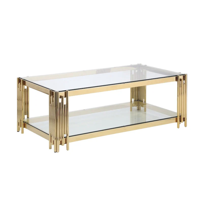 48  Wide Rectangular Coffee Table with Glass Top, Stainless Steel Double-Layer Coffee Table