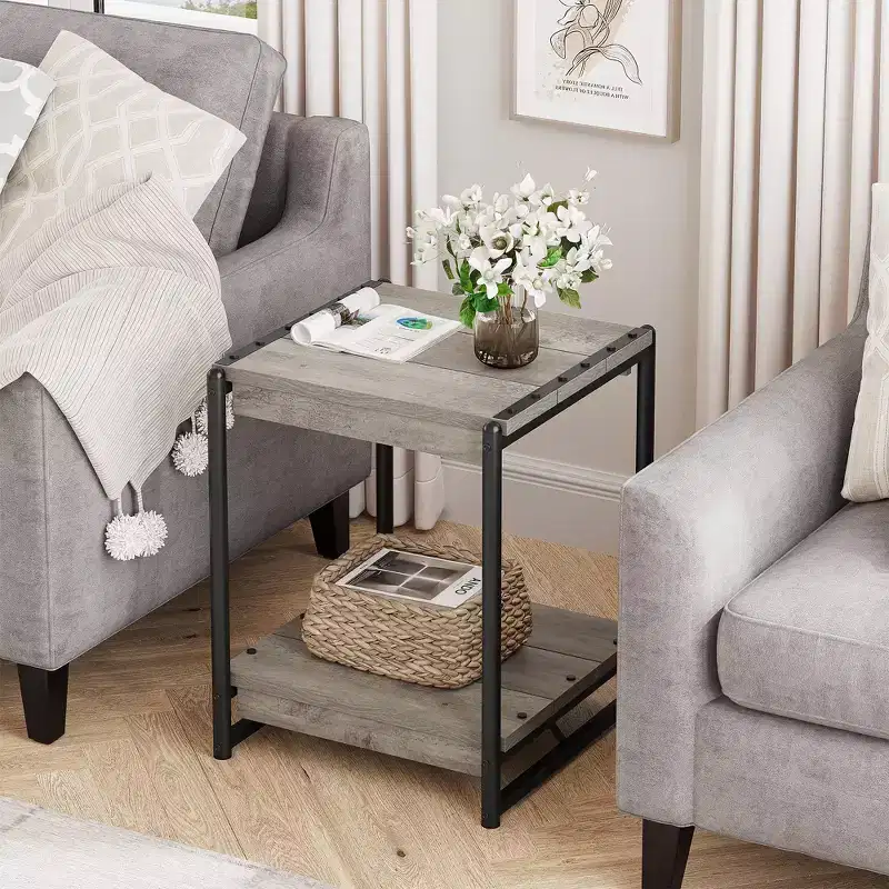 20'' Large Square Farmhouse Wood Storage End Table with 2 Tier Shelf- Modern Metal Frame Bed Couch Sofa Side Table/NightstandAccent Furniture