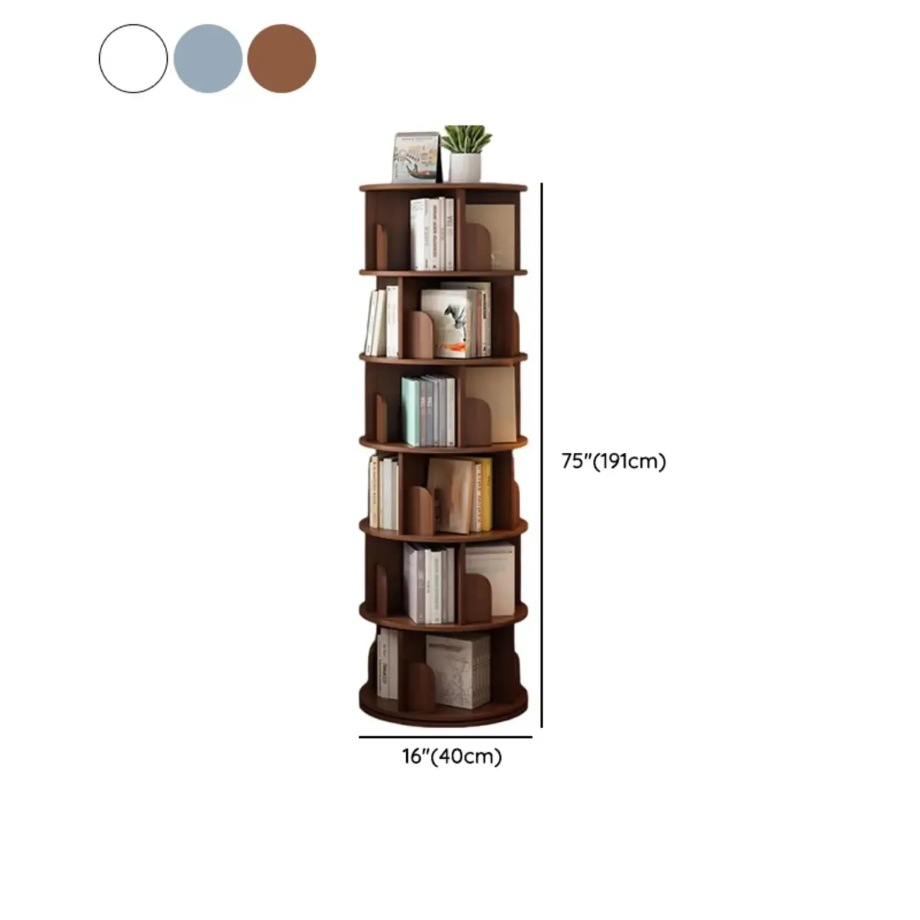 Brown Cylindrical Wooden Rotating Open-Back Bookcase
