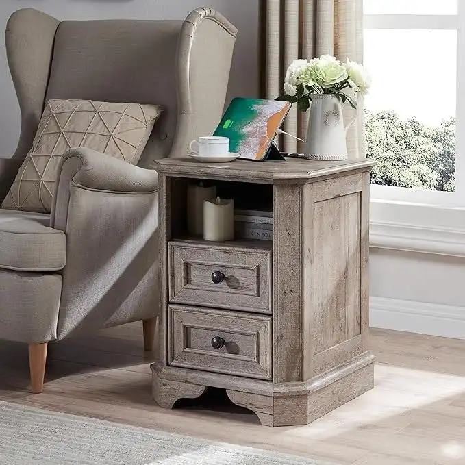 18 Farmhouse Nightstand with Charging Station, End Table,Side Table