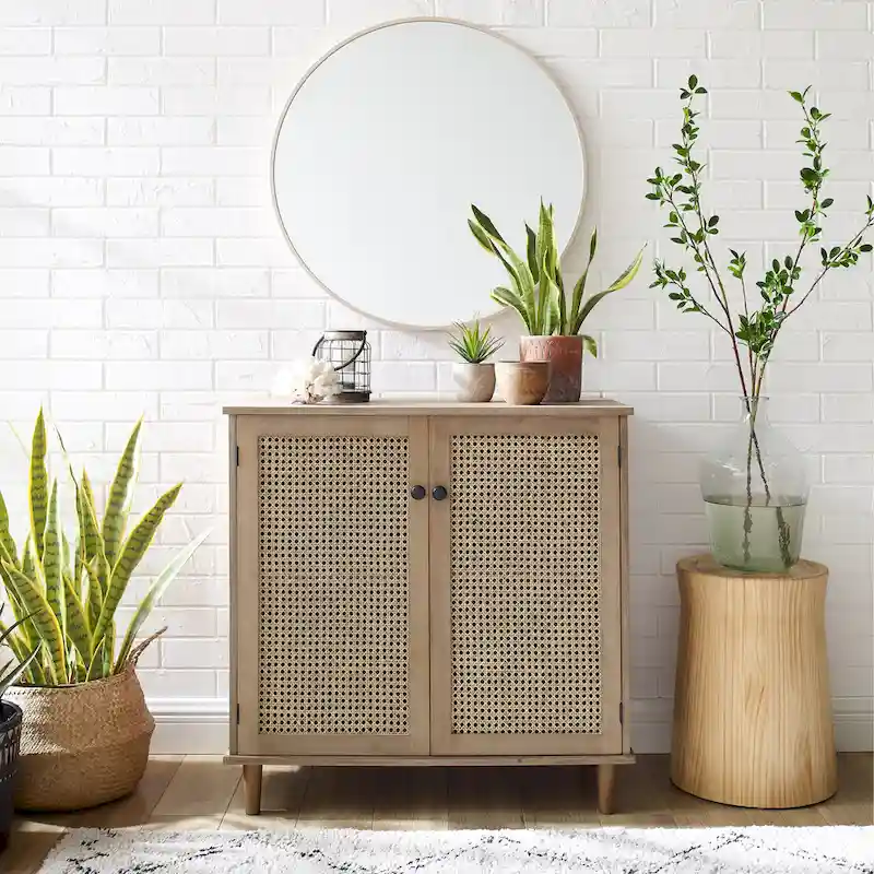 Natural Bamboo / Walnut Woven Rattan Accent Cabinet with Sliding or Standard Doors – Single Unit