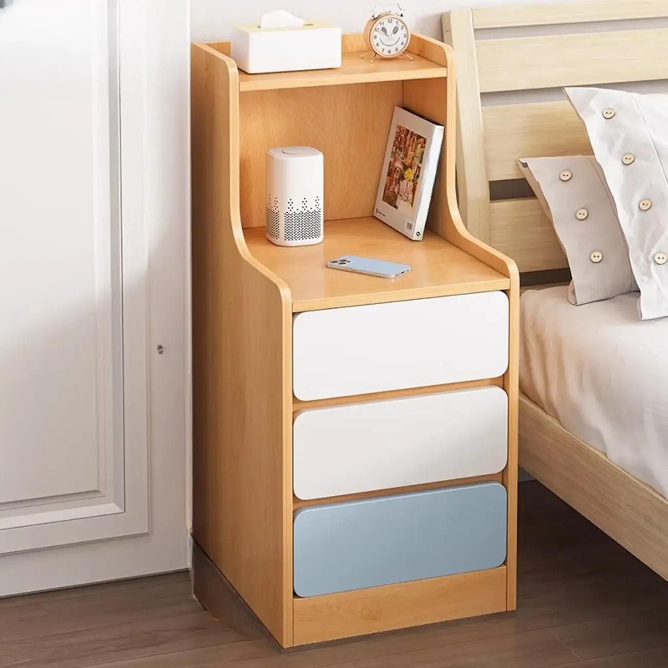 Modern Bedside Table with Drawers - White Nightstand