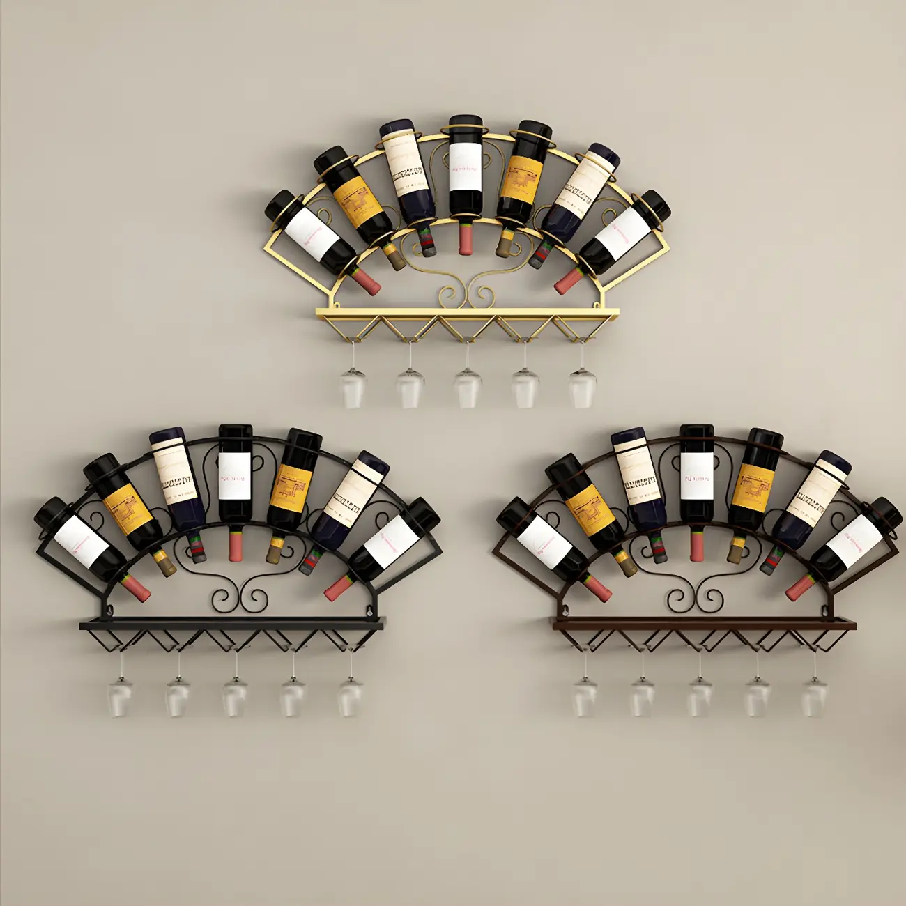 Fan-shaped Simple Metal Wall-Mounted Wine Bottle & Glass Rack
