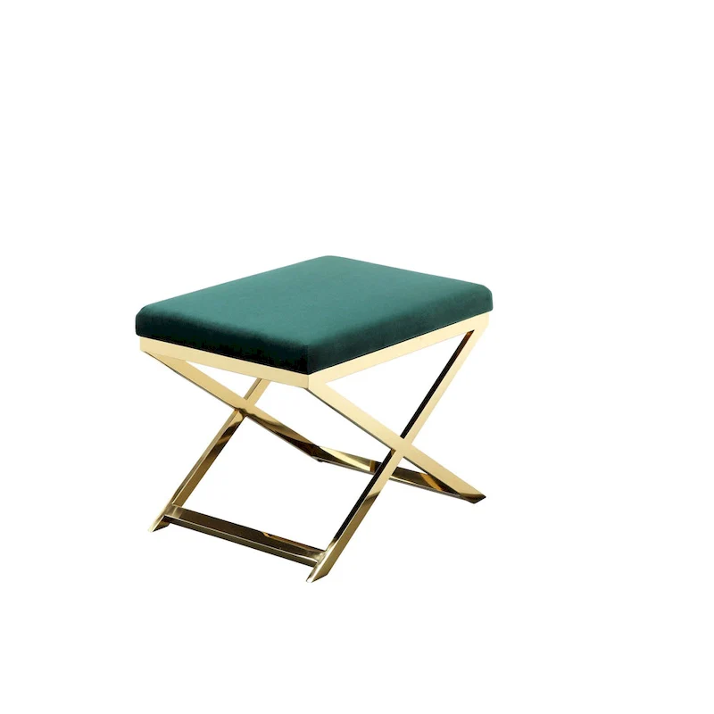 Sovi 24 Inch Accent Stool Ottoman Bench, Plush Green Velvet, Gold X Base