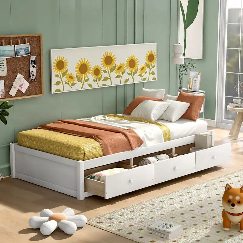 Twin Platform Storage Bed with 3 Drawers, Brown/Cherry/White, Single